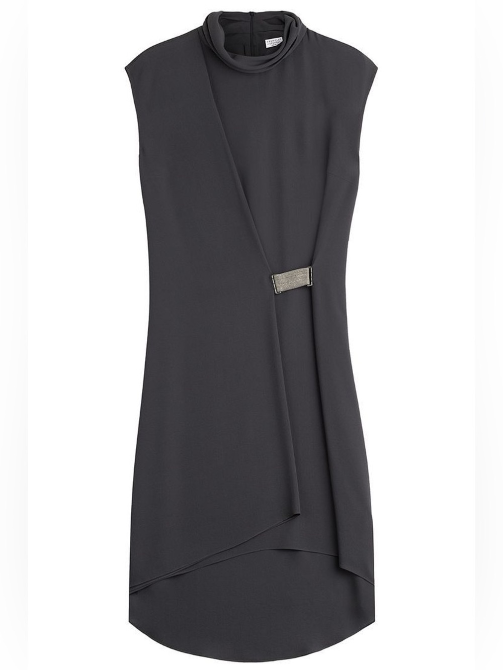 Brunello Cucinelli Draped Silk Mockneck Gray Cap Sleeve Monili Tunic Mini Dress - Picture 1 of 16